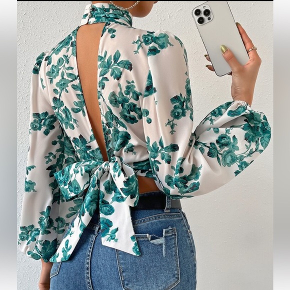 Boho Floral Print Tie Backless Open Back Bishop Sleeve Crop Top Blouse Shirt - Picture 4 of 6